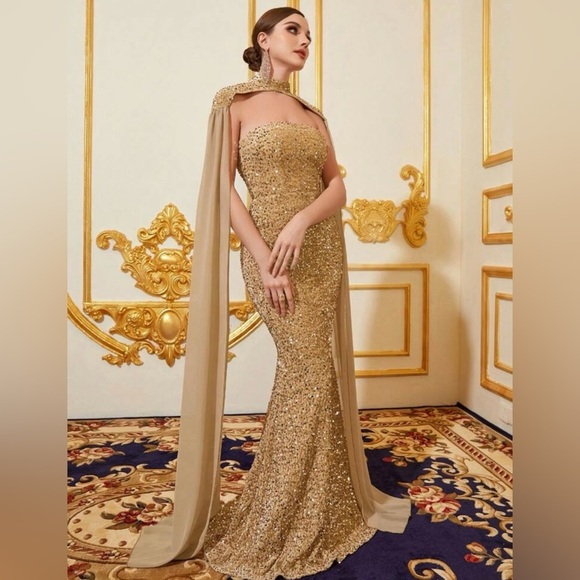 Dresses & Skirts - Elegant Long Champagne Draped Sequin Cape & Mermaid Dress Wedding Party Prom